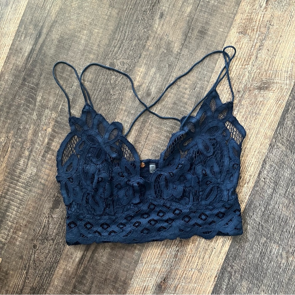 Free People Intimately Navy Blue Lace Floral Smocked Bralette Crop‎ Top